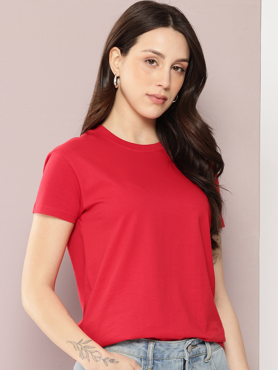 Womens Half Sleeve Round Neck Solid Regular Fit Tshirts