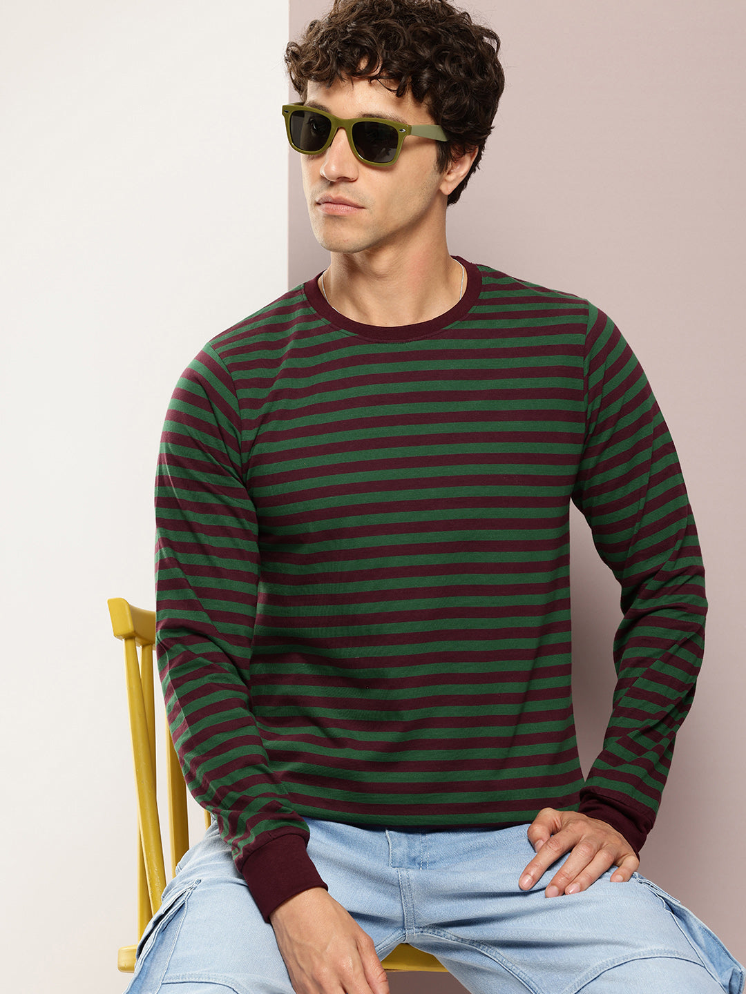 Mens Full Sleeve Round Neck All-Over Striped Regular Fit Tshirts