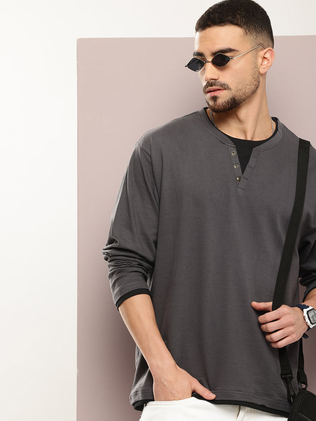 Mens Full Sleeve V-Neck Solid Oversized Fit Tshirts