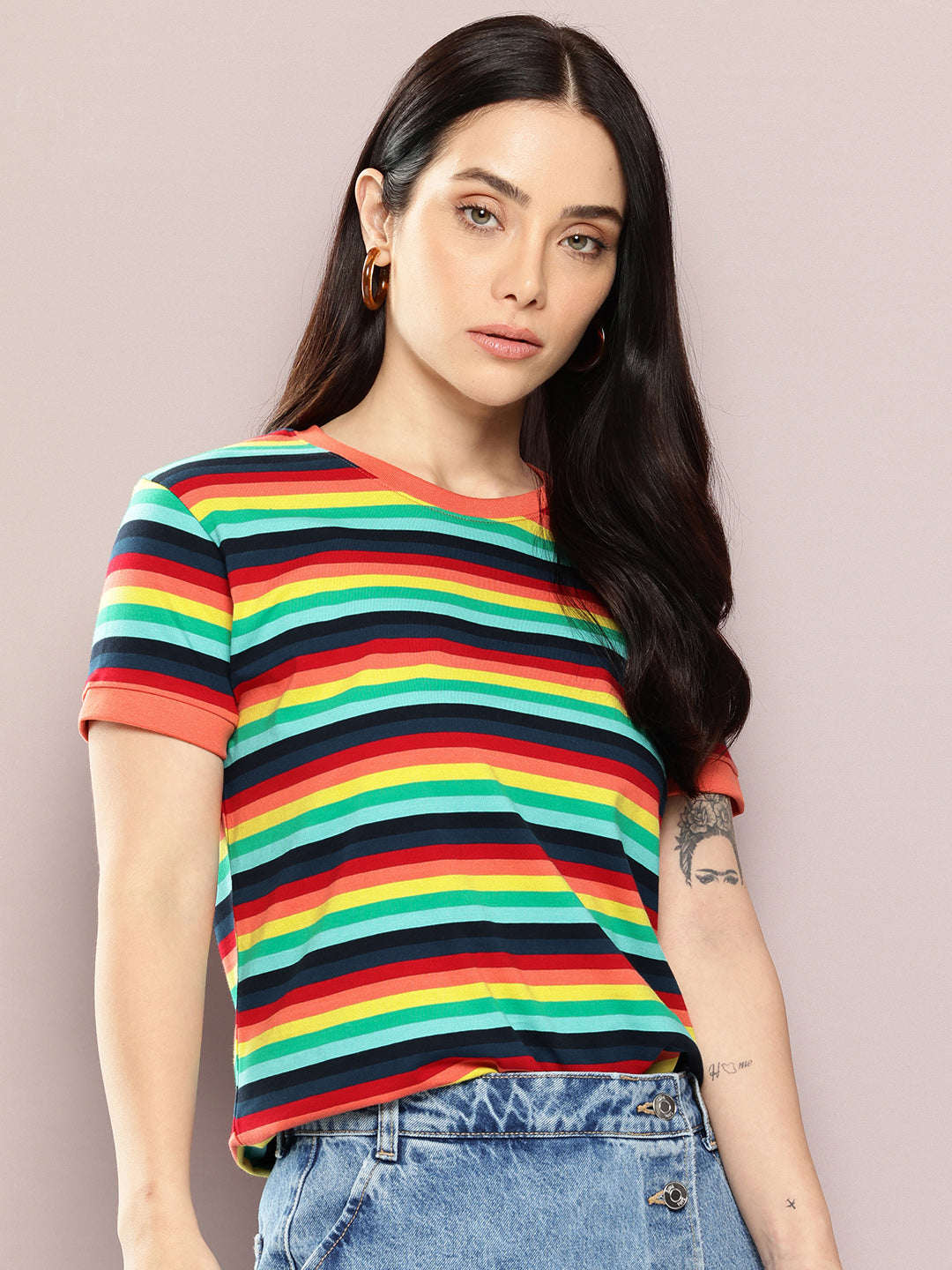 Womens Half Sleeve Round Neck All-Over Striped Regular Fit Tshirts
