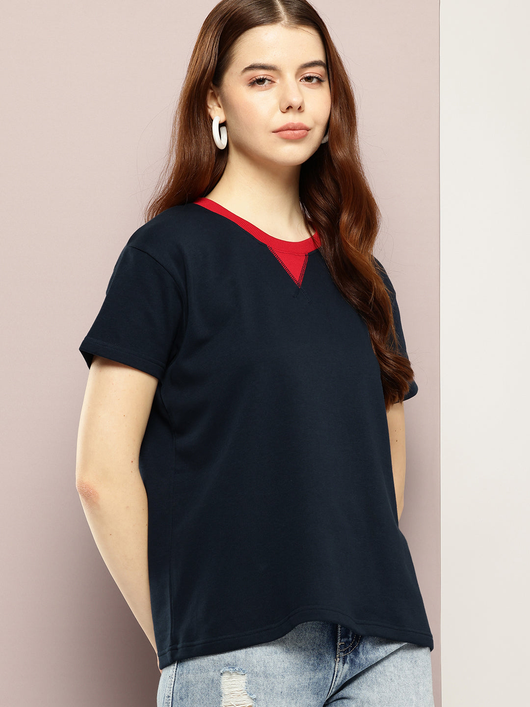 Womens Half Sleeve V-Neck Solid Boxy Fit Tshirts