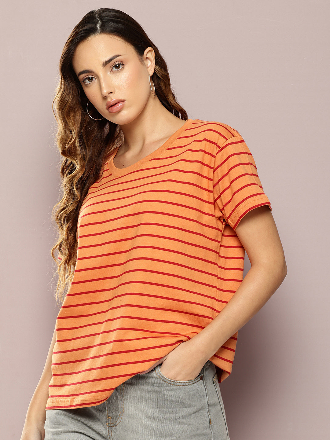 Womens Half Sleeve Round Neck All-Over Striped Boxy Fit Tshirts