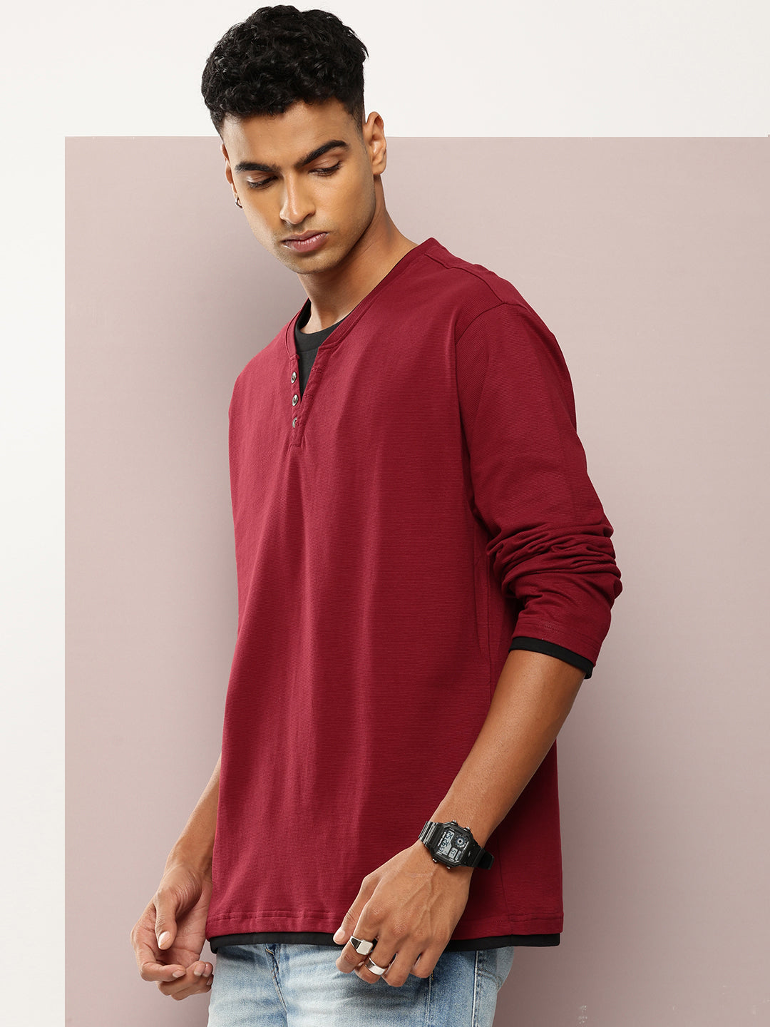 Mens Full Sleeve V-Neck Solid Oversized Fit Tshirts
