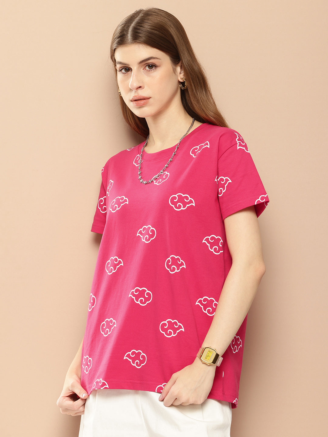 Womens Half Sleeve Round Neck All-Over Printed Boxy Fit Tshirts