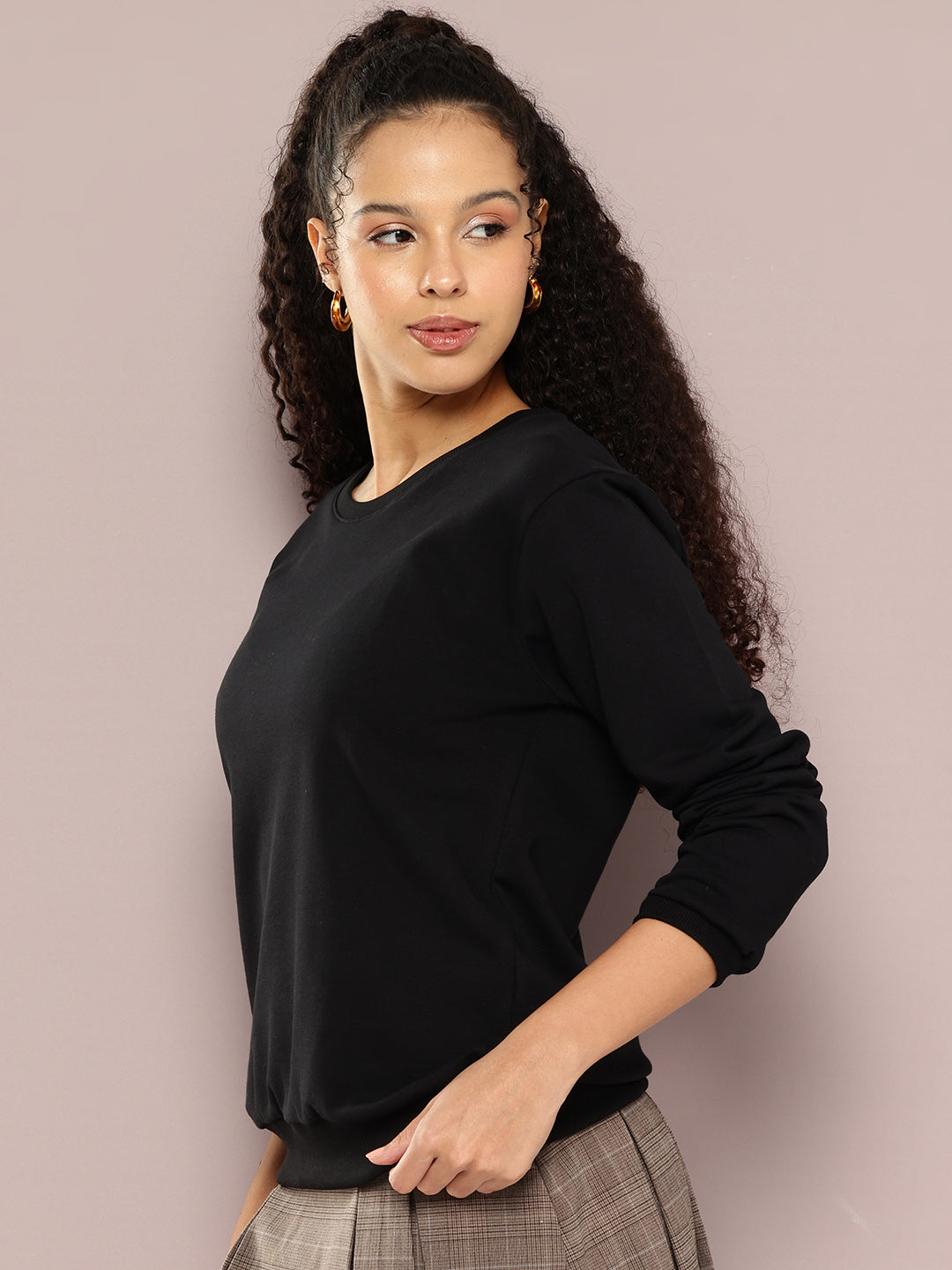 Womens Full Sleeve Round Neck Solid Relaxed Fit Tshirts