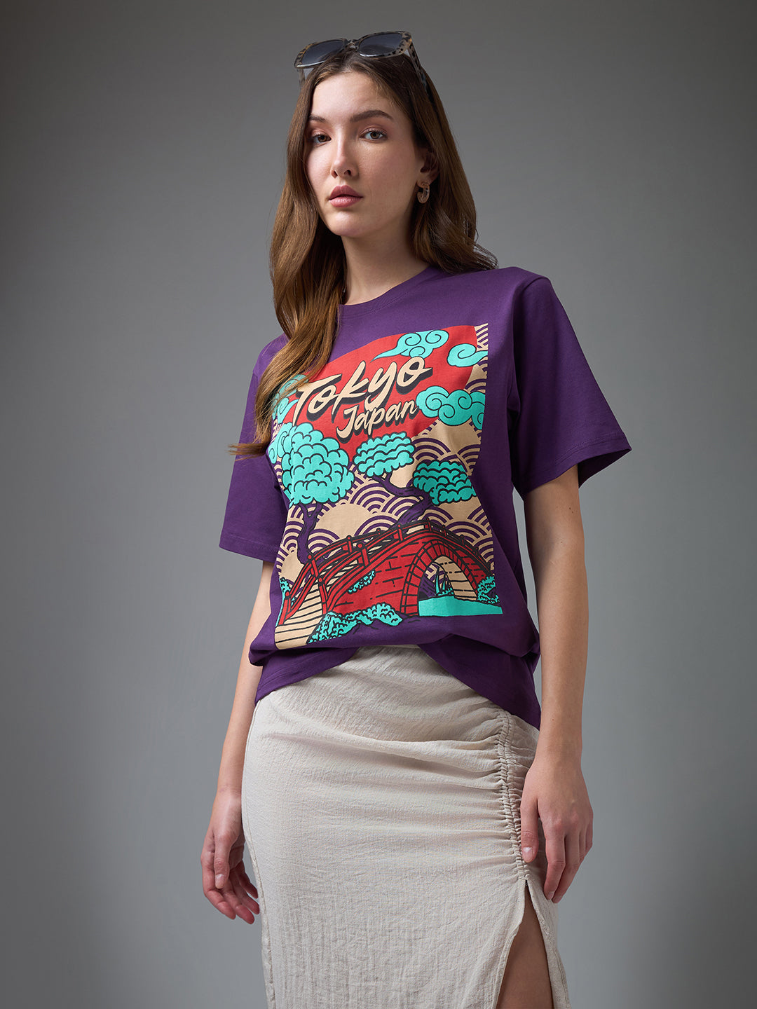 Womens Printed Round Neck Oversized Fit Tshirt