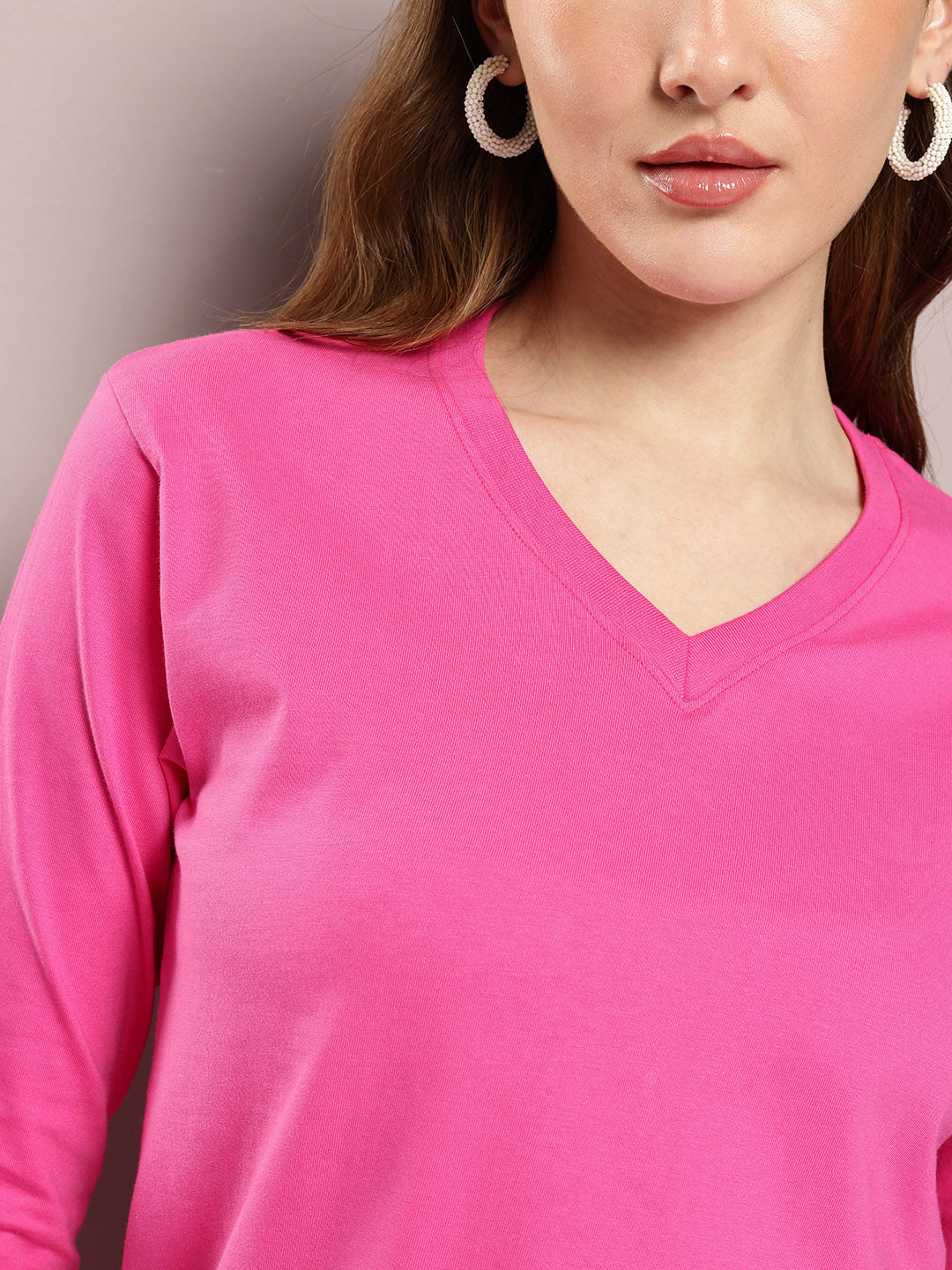 Womens Full Sleeve V-Neck Solid Regular Fit Tshirts