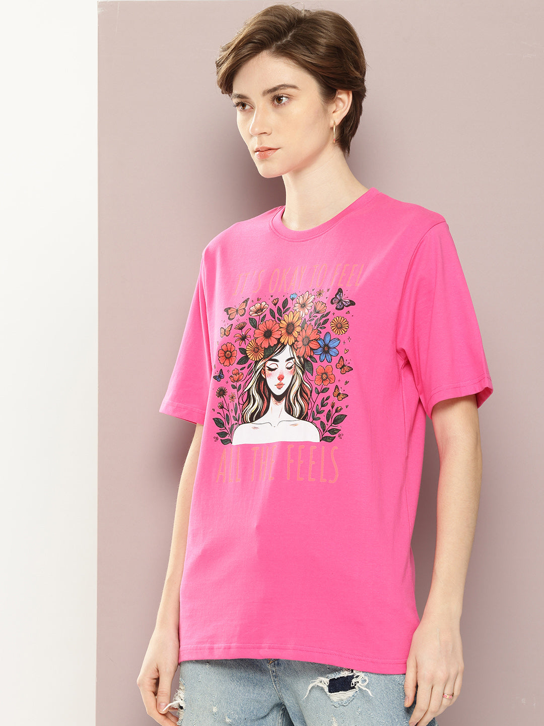 Womens Half Sleeve Round Neck Printed Oversized Fit Tshirts