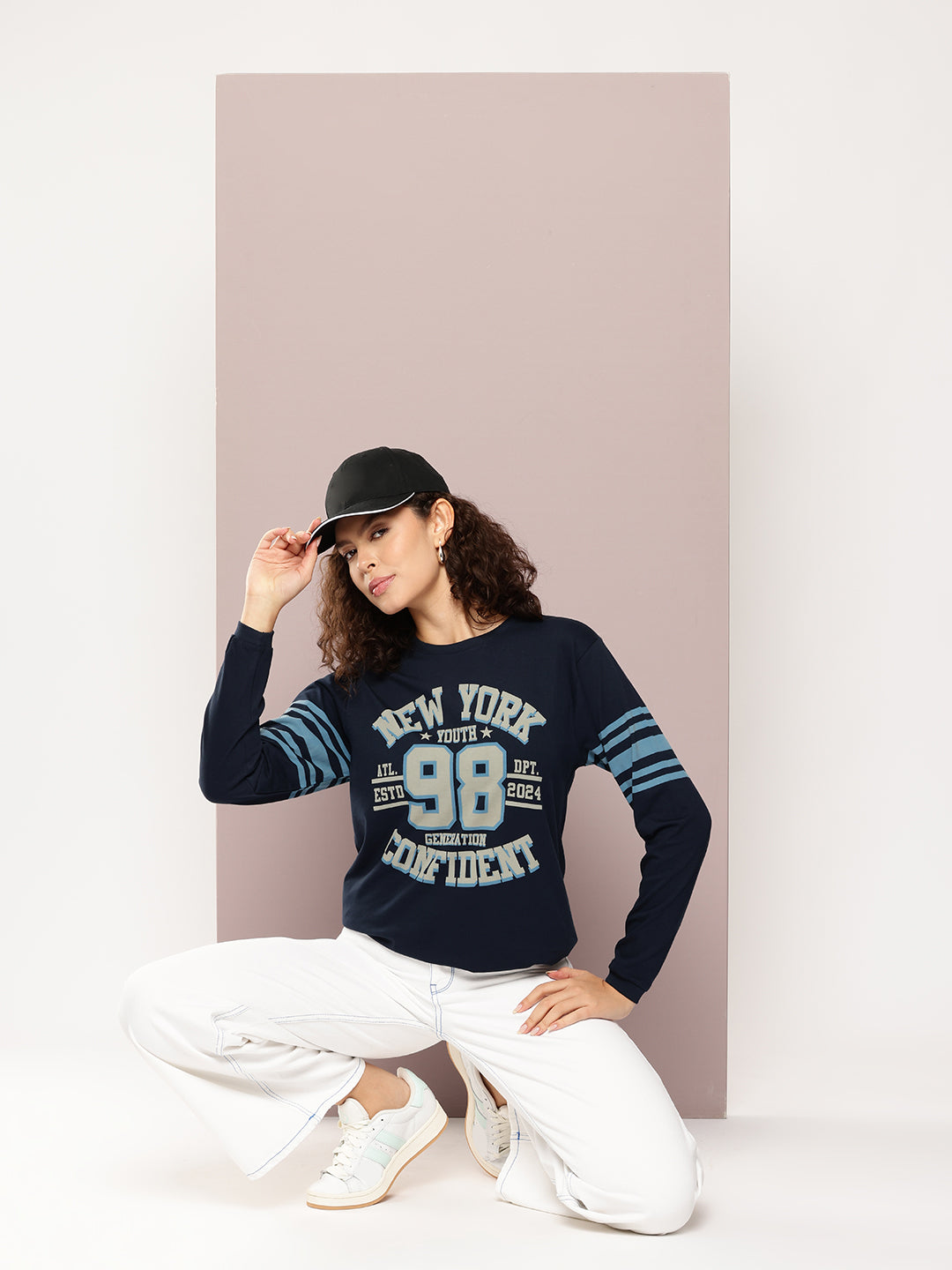 Womens Full Sleeve Round Neck Printed Oversized Fit Tshirts