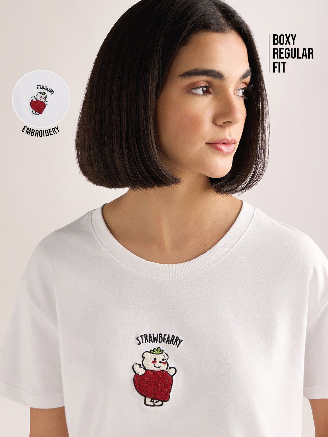 Womens Embroidery Boxy Regular Fit French Terry Cotton Tshirt