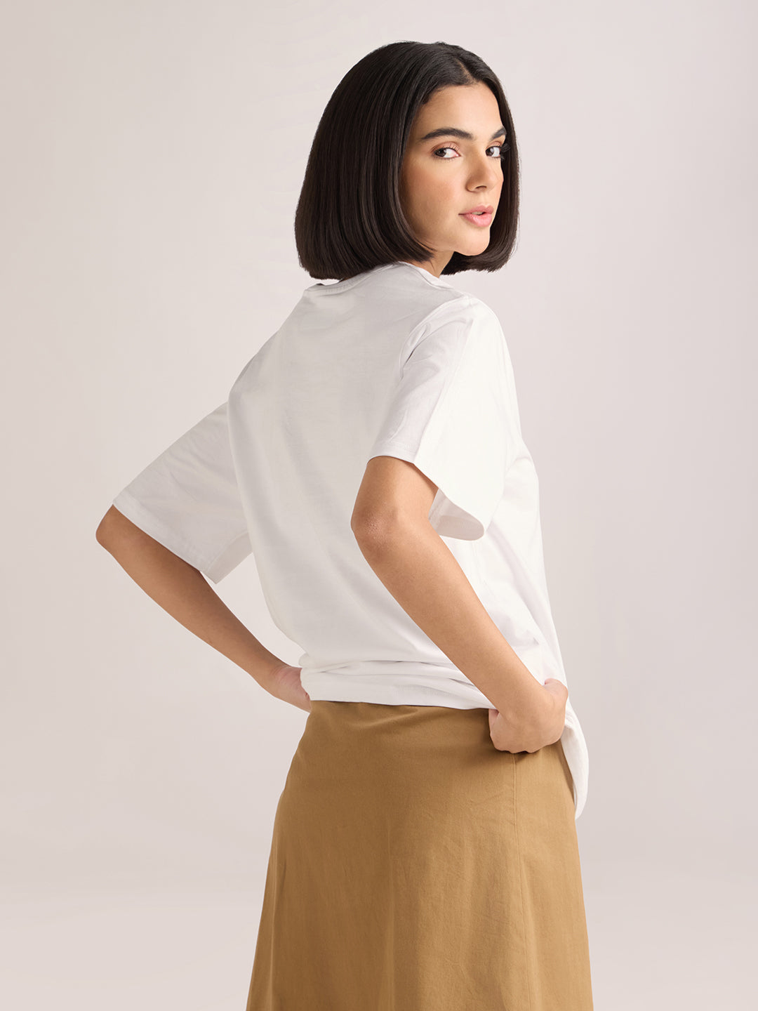 Womens Laces Detailed Oversized Round Neck Cotton Tshirt