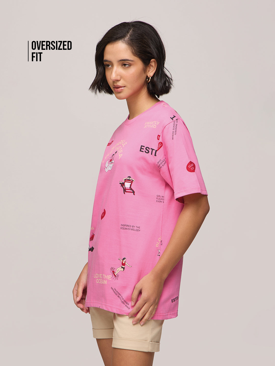 Womens Printed Oversized Fit Cotton T-Shirt