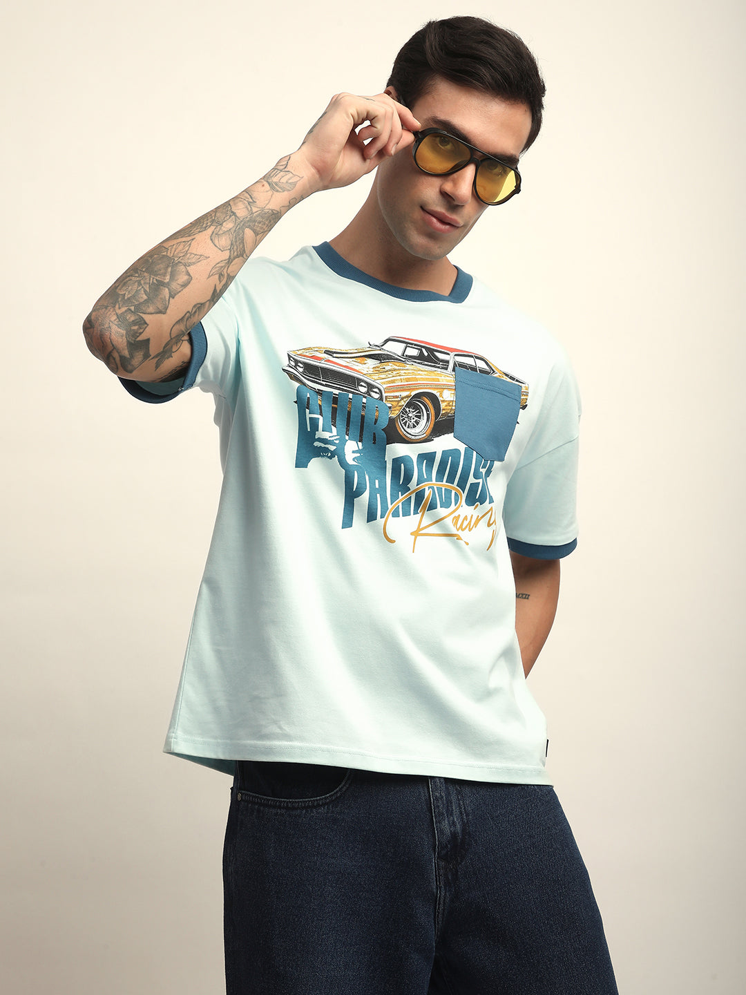 Mens Half Sleeve Drop Shoulder Printed Oversized Fit T-Shirts