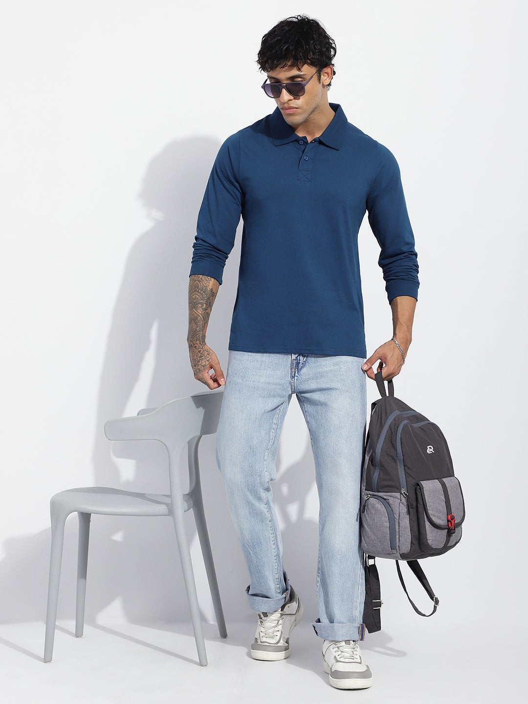 Mens Full Sleeve Polo Neck Solid Regular Fit Tshirts