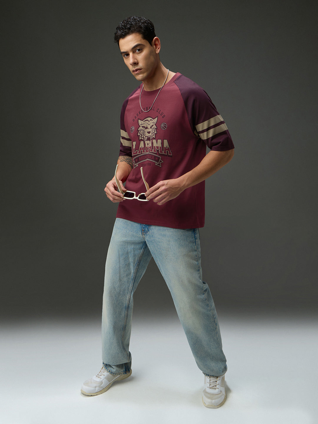 Mens Round Neck Raglan Sleeve Printed Oversized Fit Tshirt