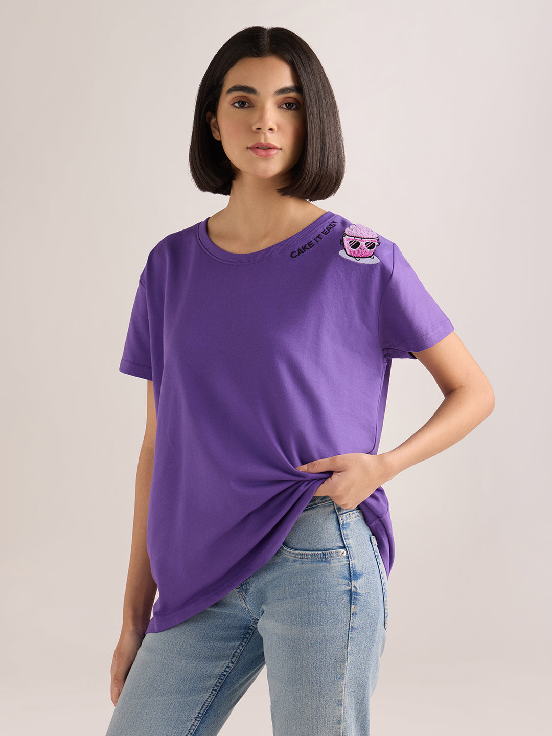 Womens Embroidery Boxy Regular Fit French Terry Cotton Tshirt