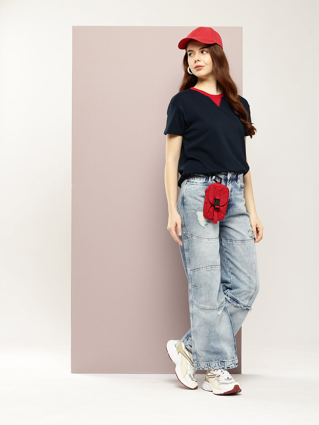Womens Half Sleeve V-Neck Solid Boxy Fit Tshirts