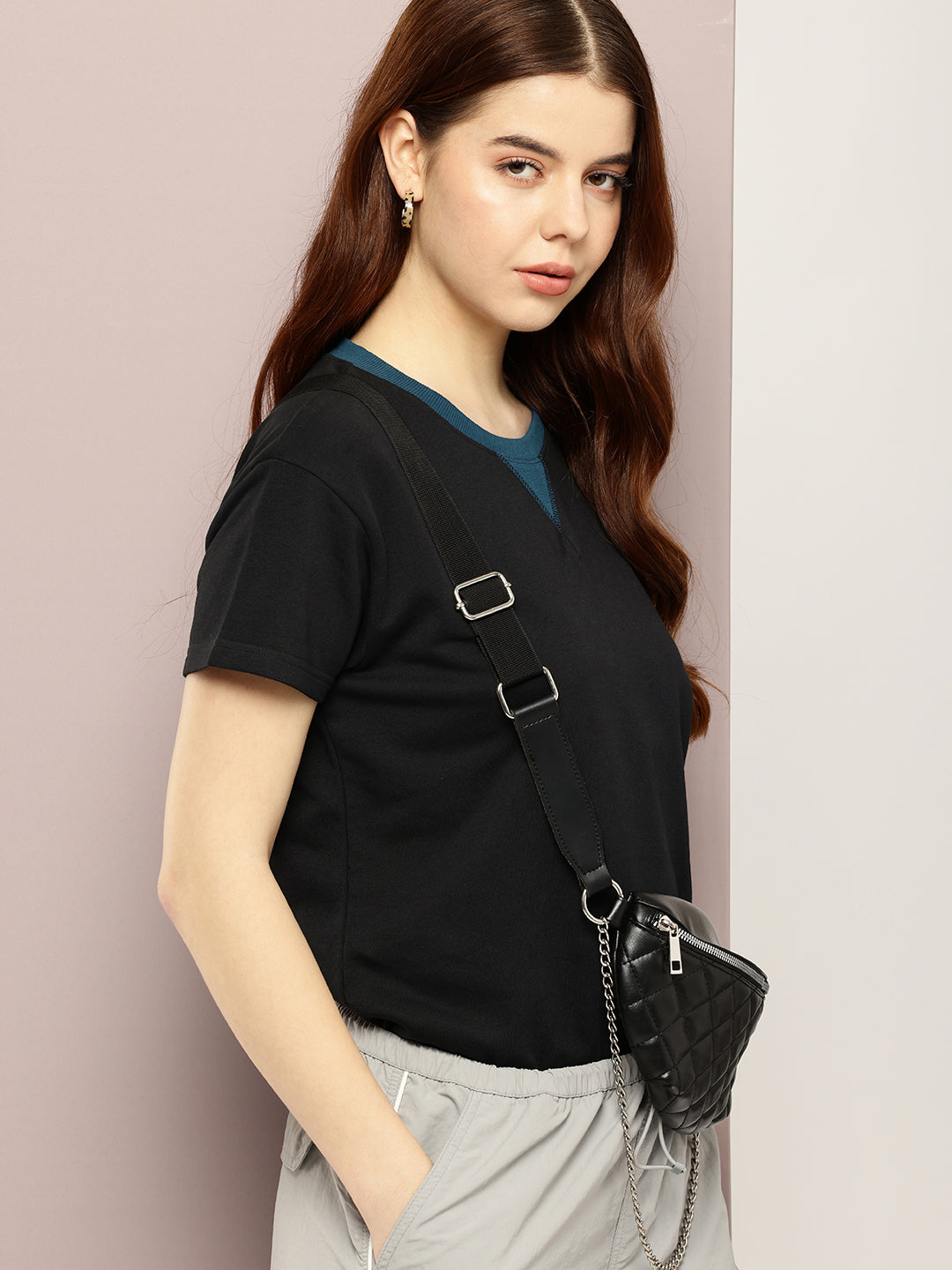 Womens Half Sleeve V-Neck Solid Boxy Fit Tshirts