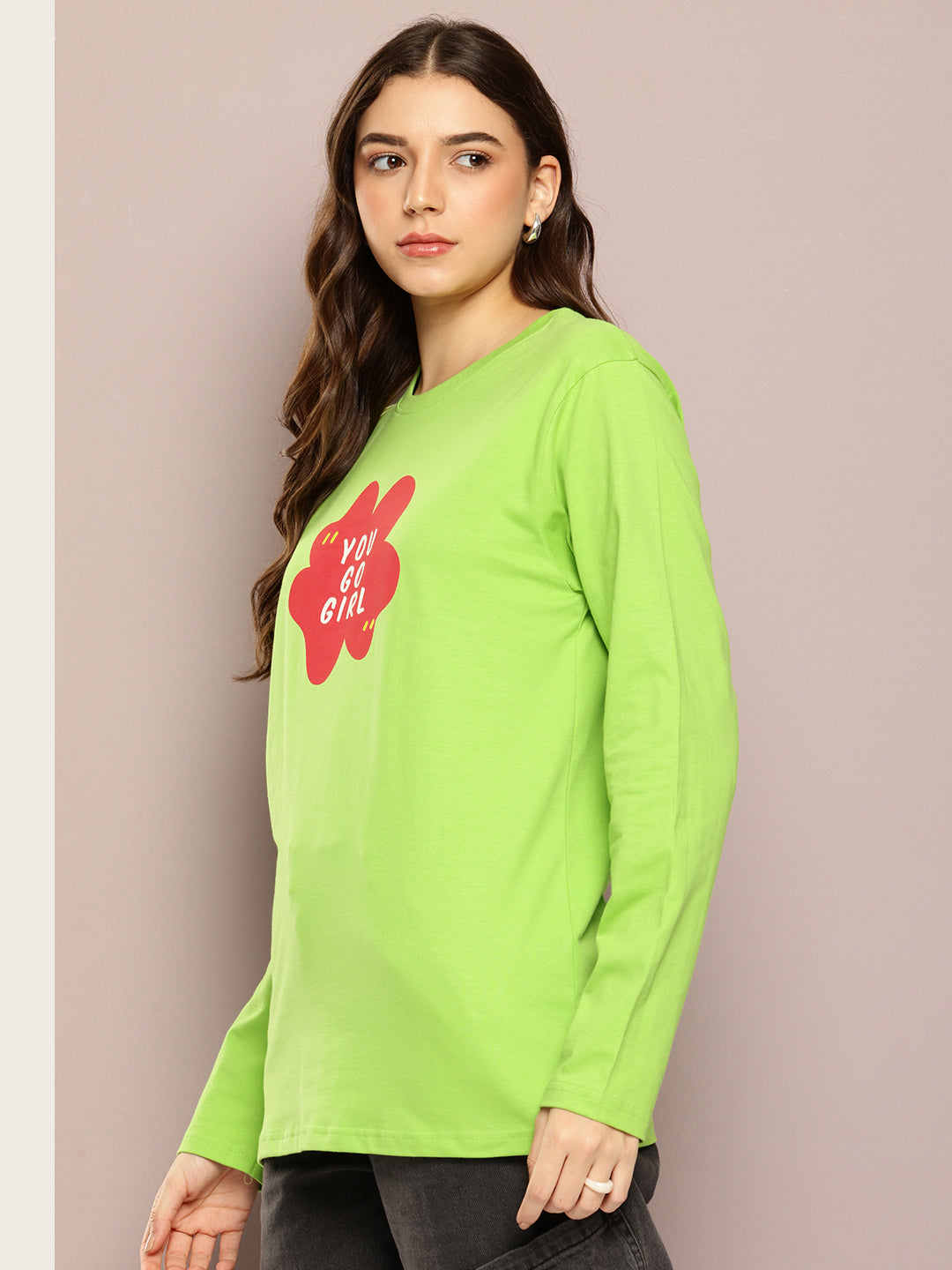 Womens Full Sleeve Round Neck Printed Oversized Fit Tshirts