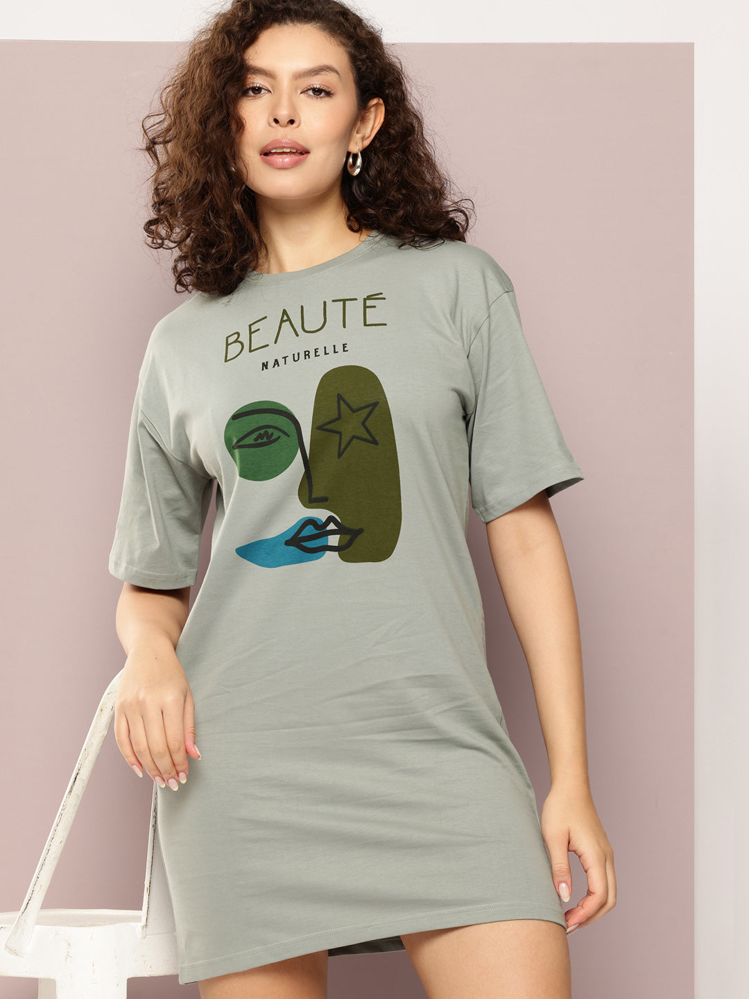 Womens Oversized Short Sleeves Printed Tshirt Dress