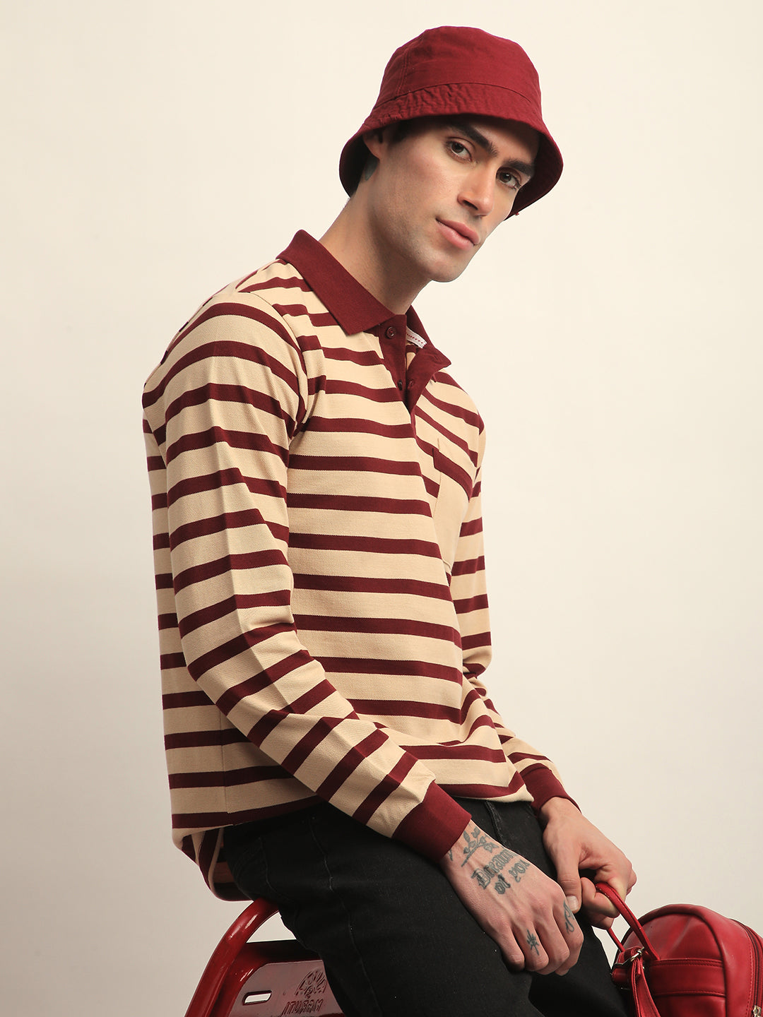 Mens Full Sleeve Polo Neck All-Over Striped Regular Fit Tshirts