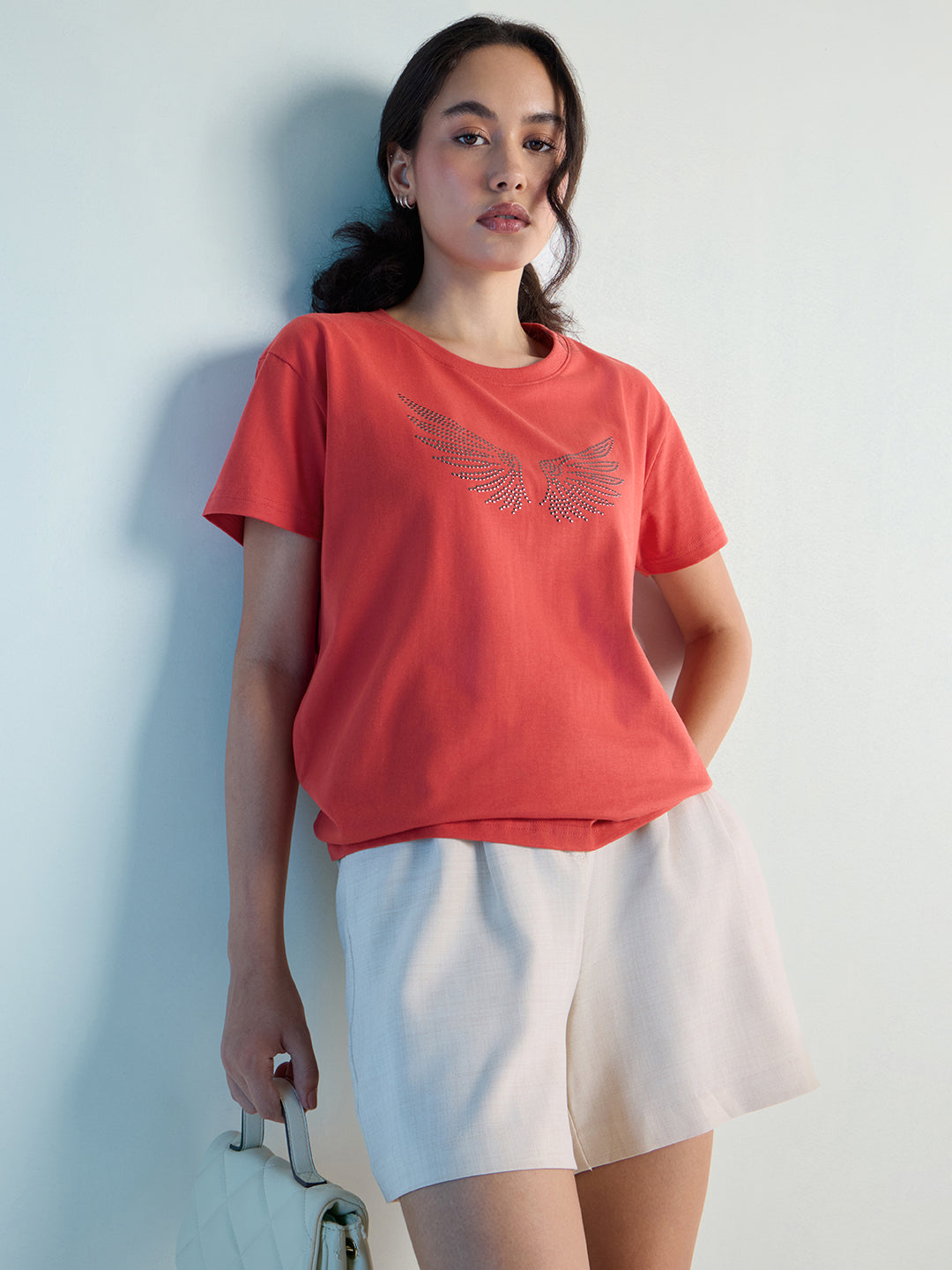 Womens Stud Detailed Boxy Regular Round Neck Tshirt 