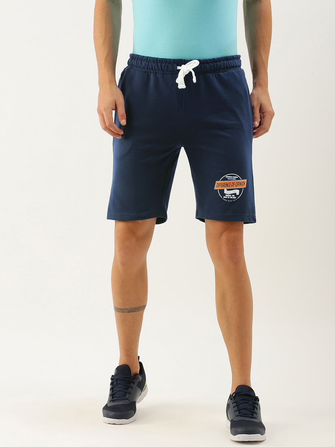 Men Navy Blue Brand Logo Printed Mid-Rise Regular Shorts