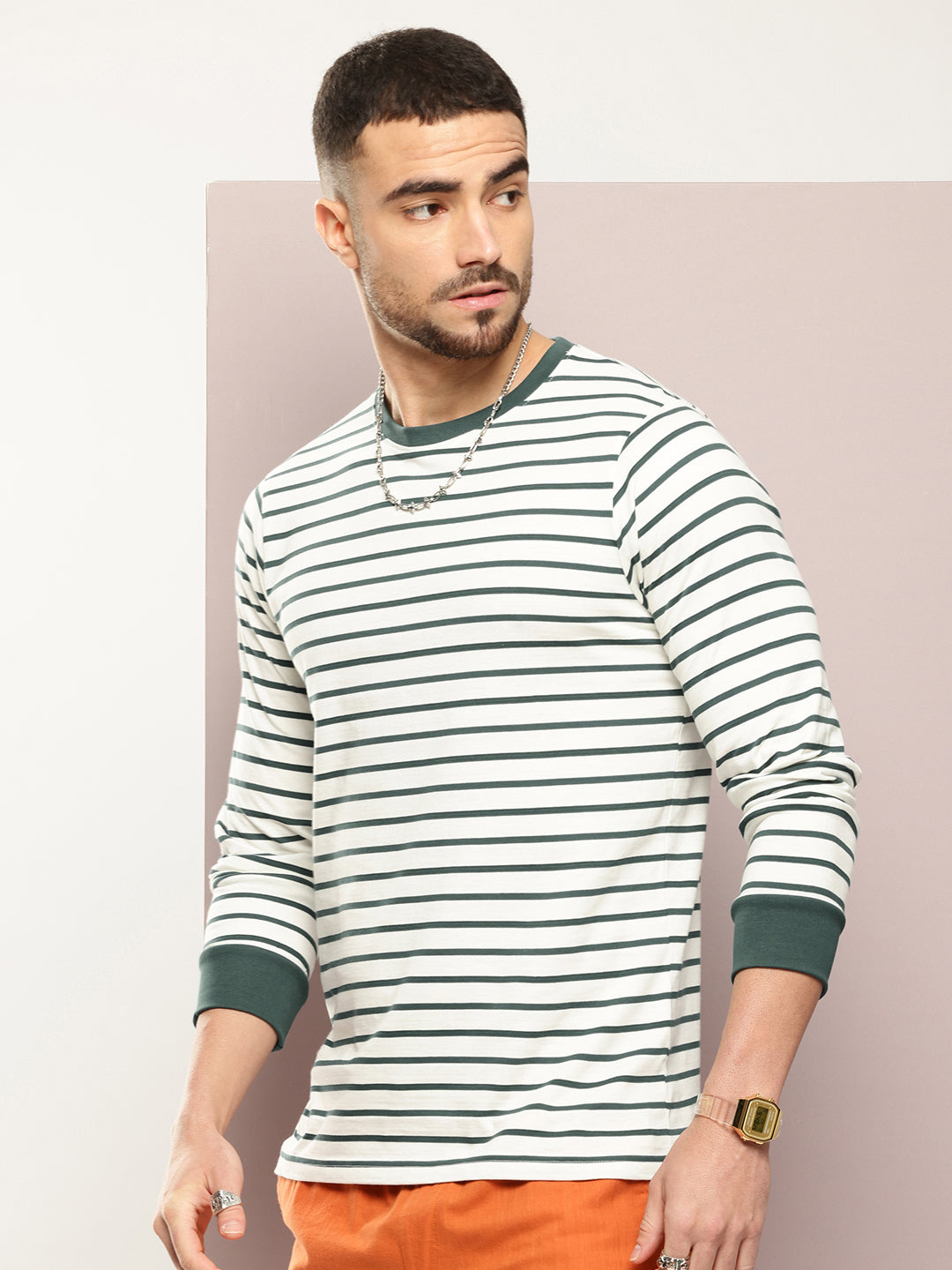 Mens Full Sleeve Round Neck Striped Regular Fit Tshirts