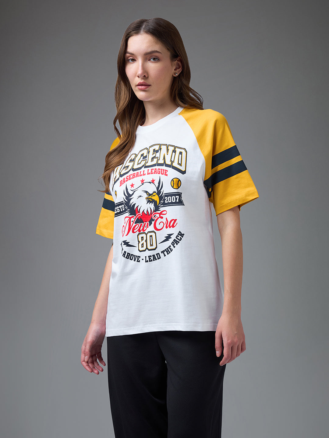 Womens Printed Raglan Sleeves Round Neck Oversized Fit Tshirt