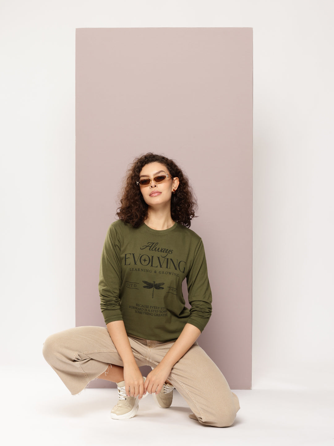 Womens Full Sleeve Round Neck Printed Oversized Fit Tshirts