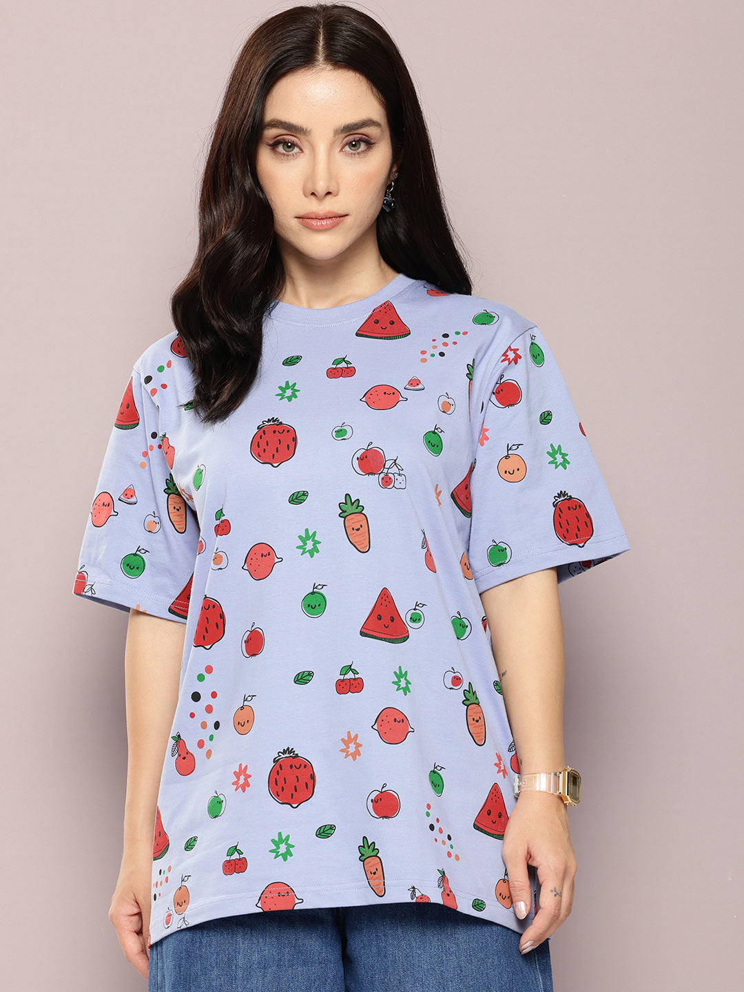 Womens Half Sleeve Round Neck All-Over Printed Oversized Fit Tshirts