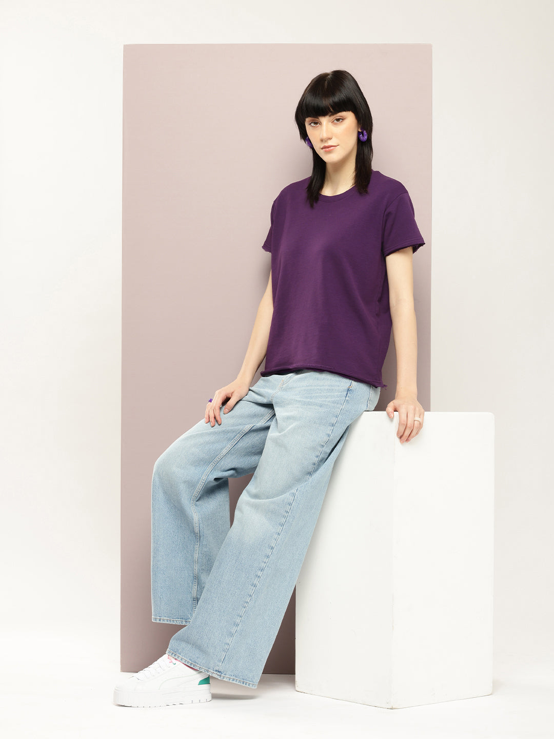 Womens Half Sleeve Round Neck Solid Boxy Fit Tshirts