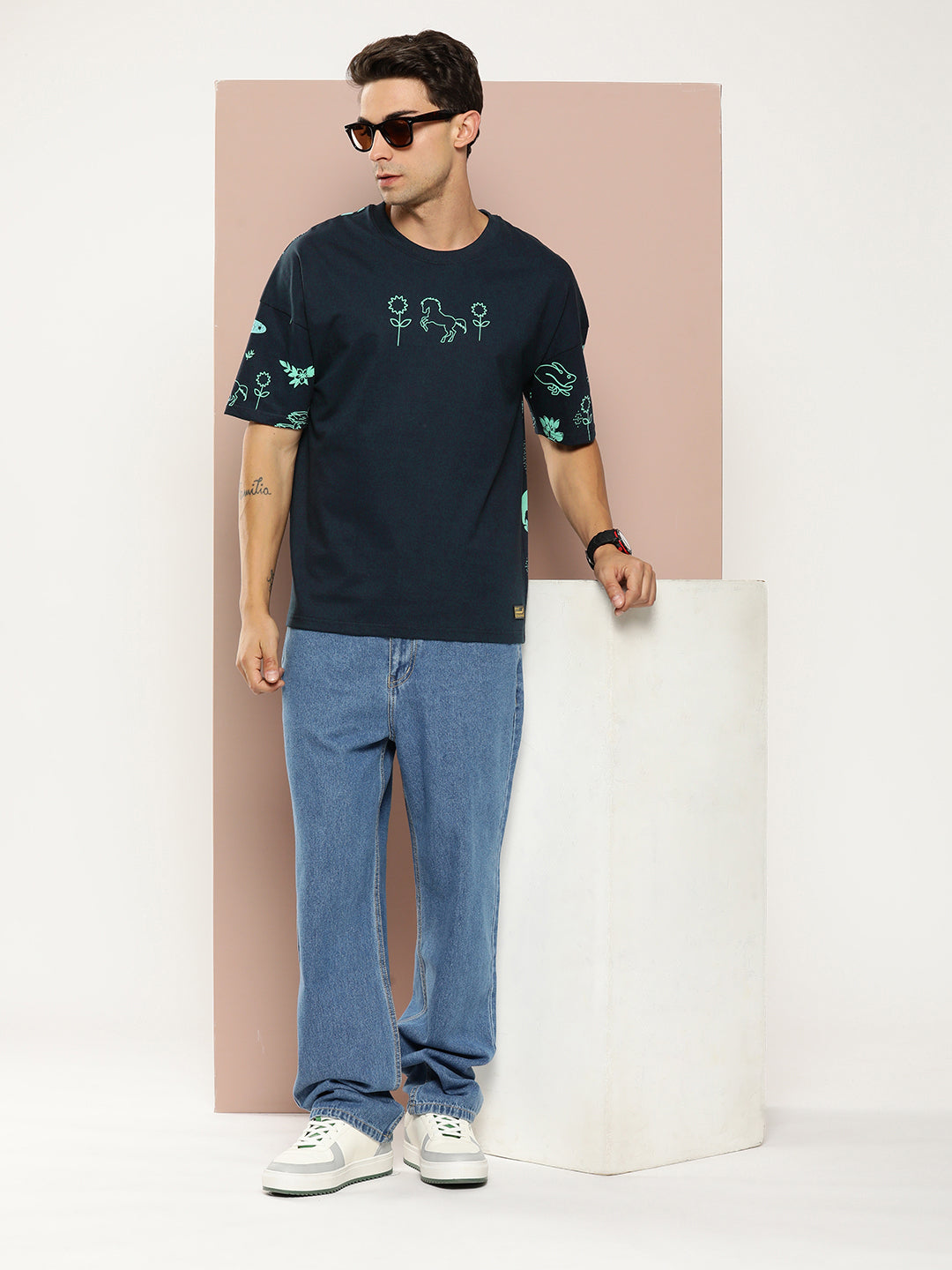 Mens Half Sleeve Drop Shoulder Printed Oversized Fit T-Shirts