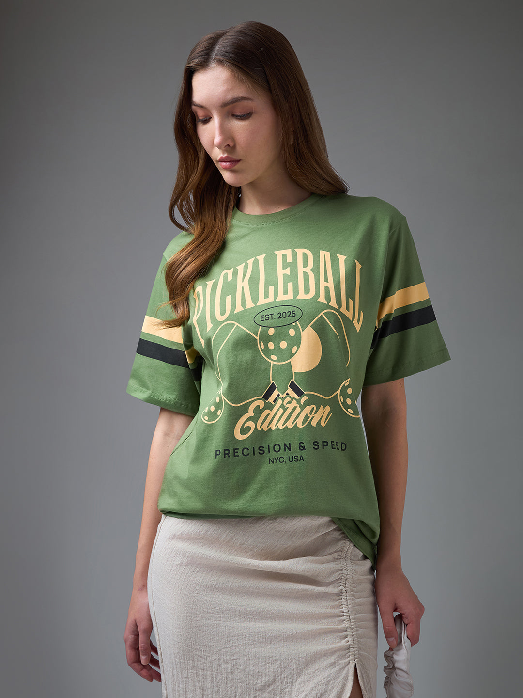 Womens Printed Round Neck Oversized Fit Tshirt
