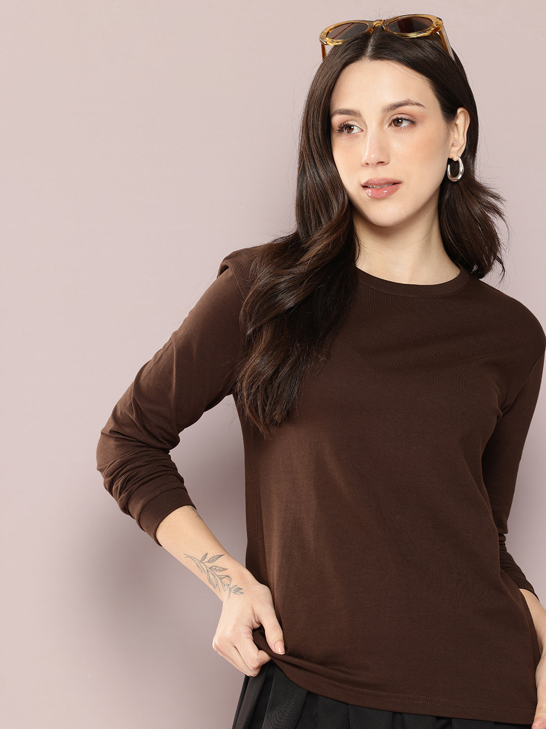 Womens Full Sleeve Round Neck Solid Regular Fit Tshirts