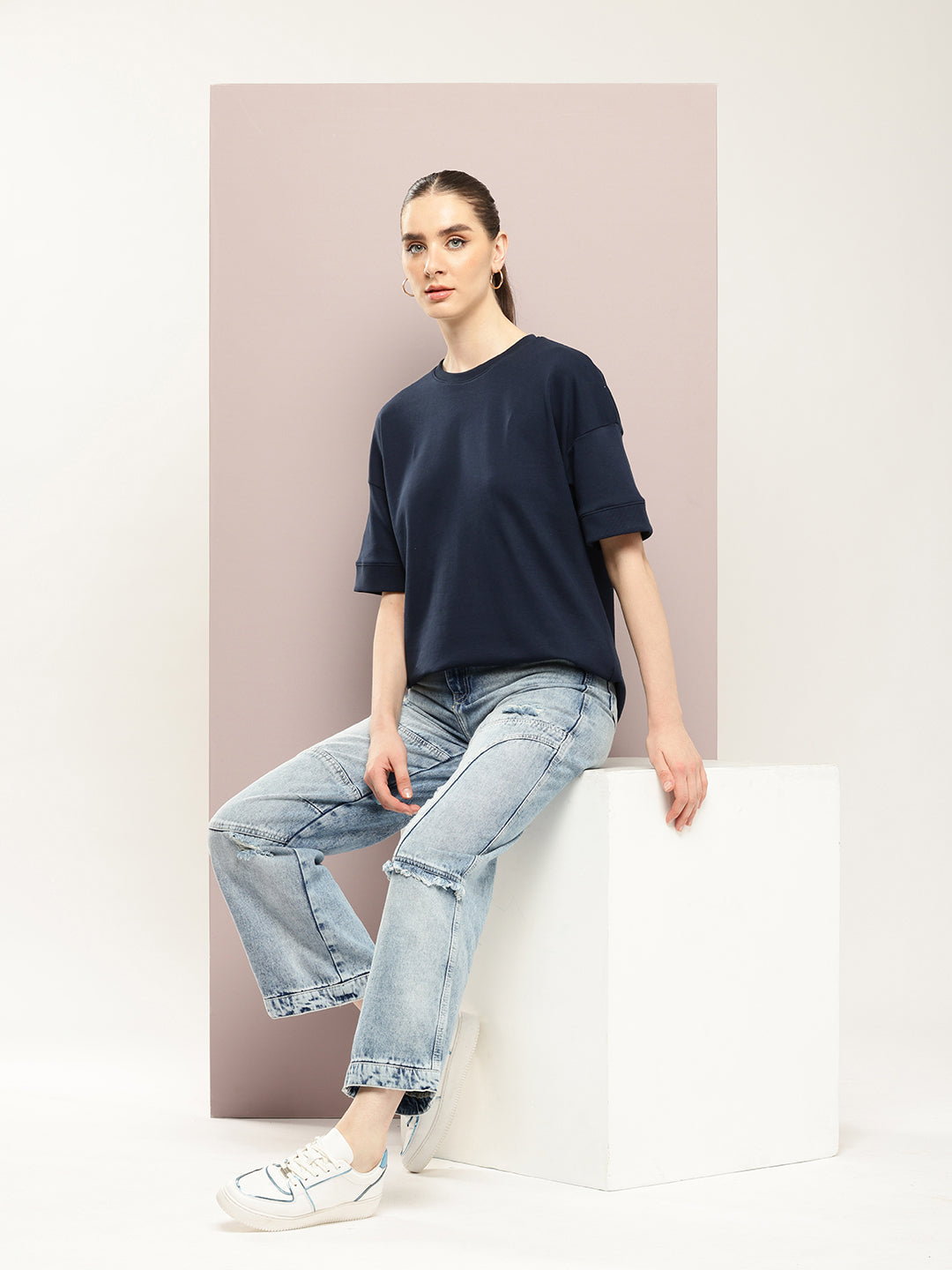 Womens Half Sleeve Round Neck Solid Oversized Fit Tshirts