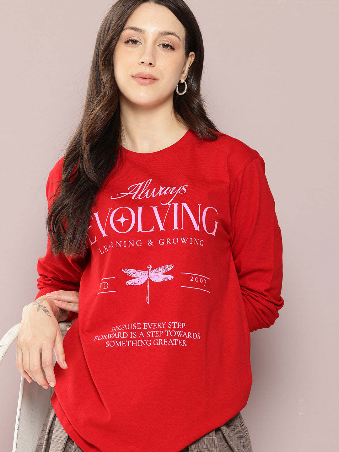 Womens Full Sleeve Round Neck Printed Oversized Fit Tshirts