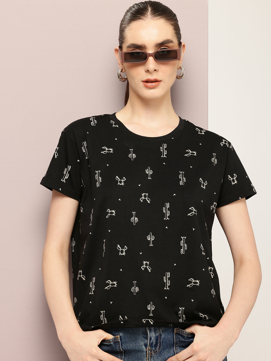 Womens Half Sleeve Round Neck All-Over Printed Boxy Fit Tshirts