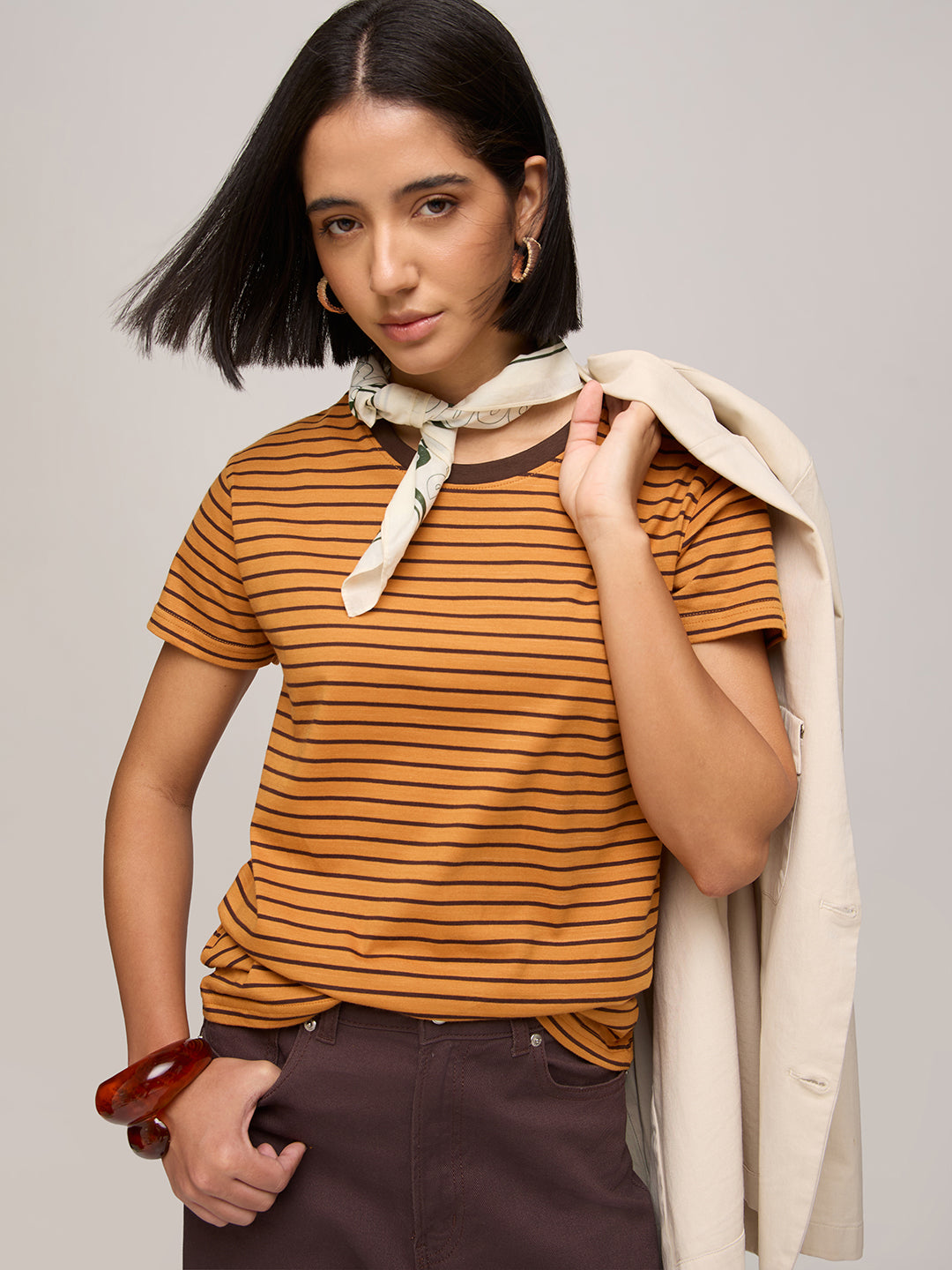 Womens Striped Regular Fit Cotton T-Shirt