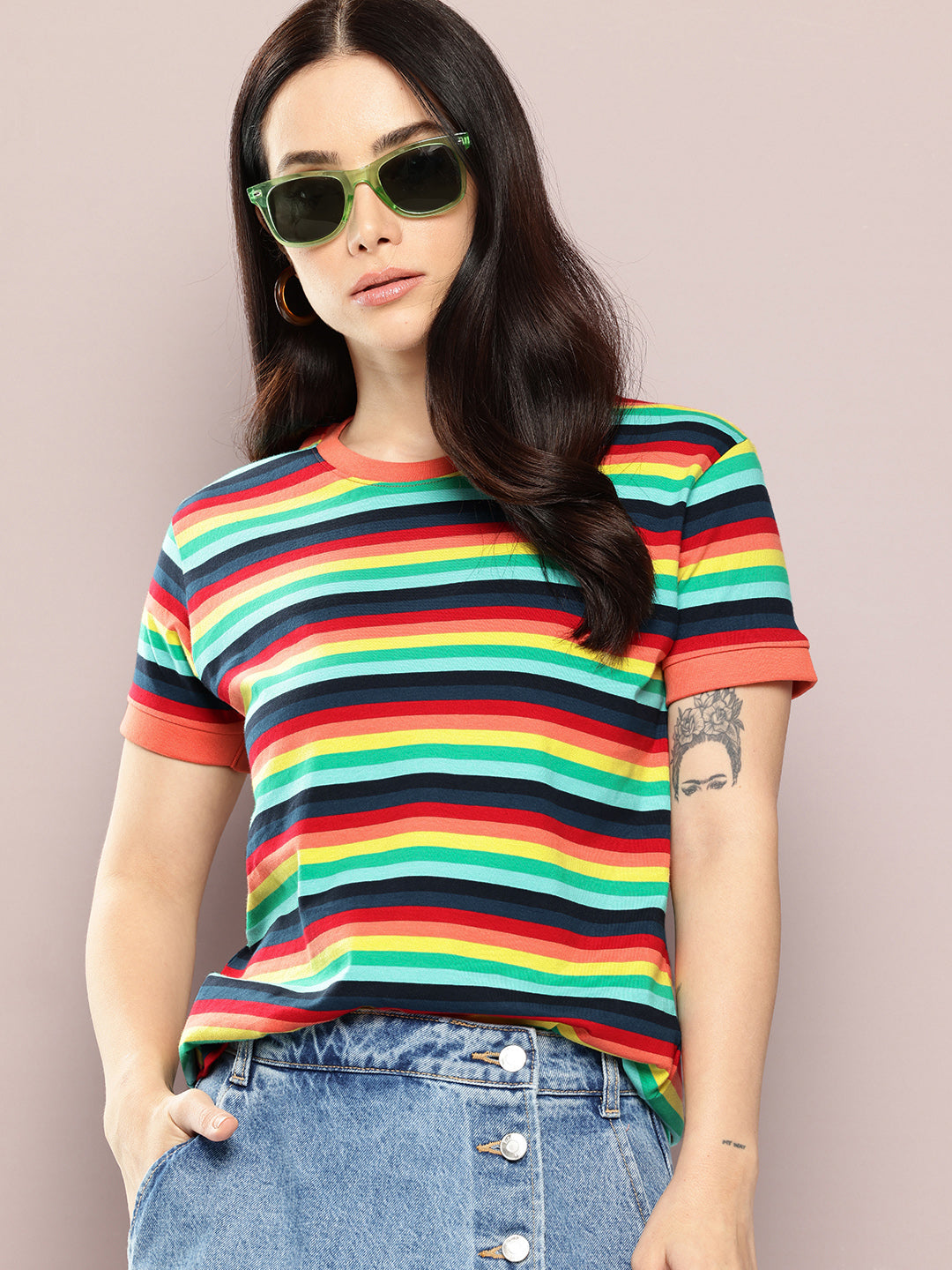 Womens Half Sleeve Round Neck All-Over Striped Regular Fit Tshirts