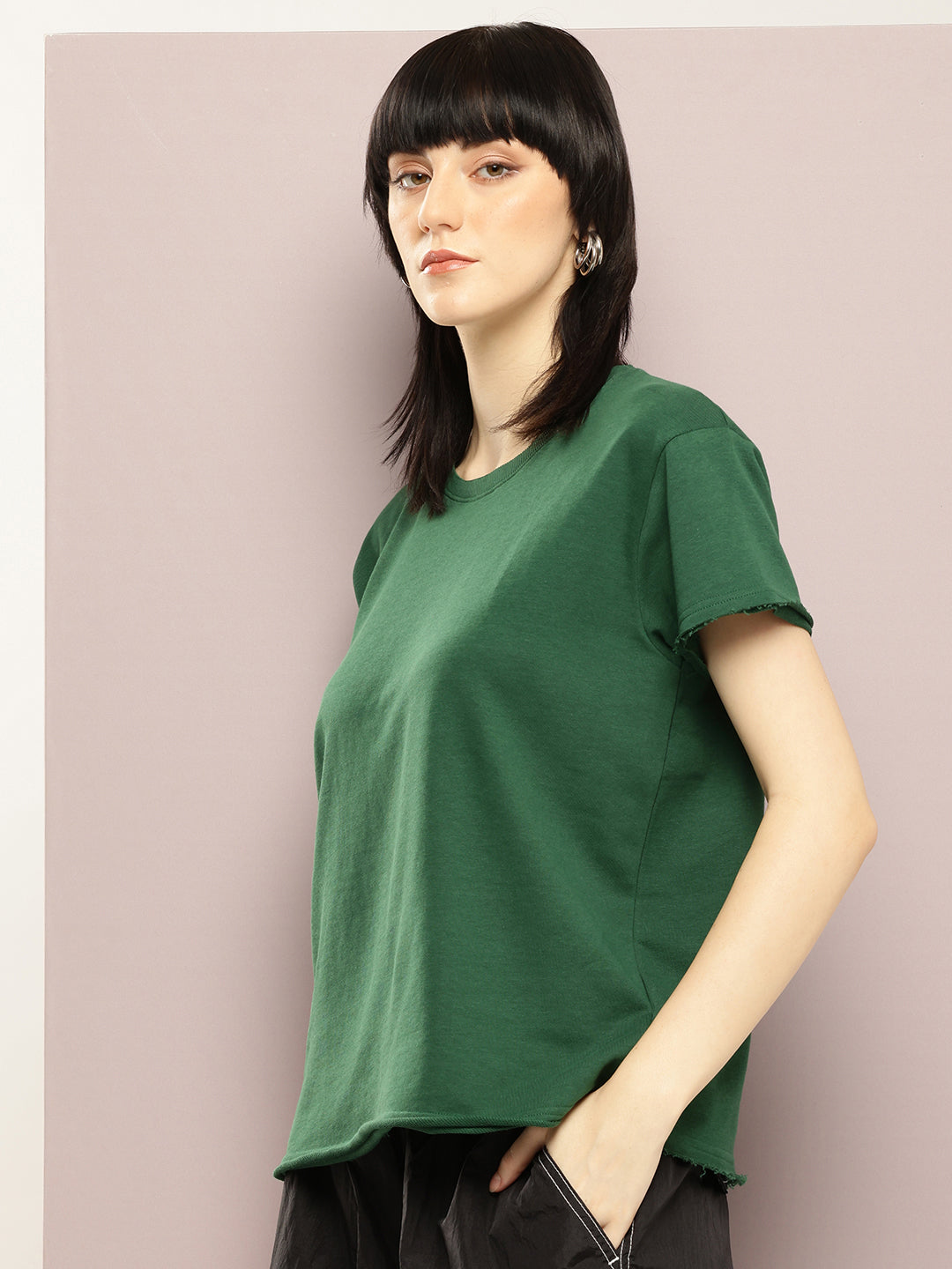 Womens Half Sleeve Round Neck Solid Boxy Fit Tshirts