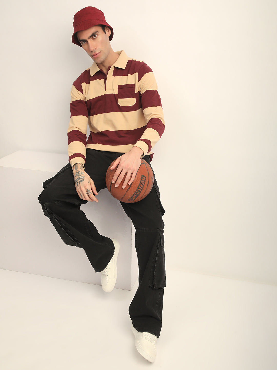 Mens Full Sleeve Polo Neck All-Over Striped Regular Fit Tshirts