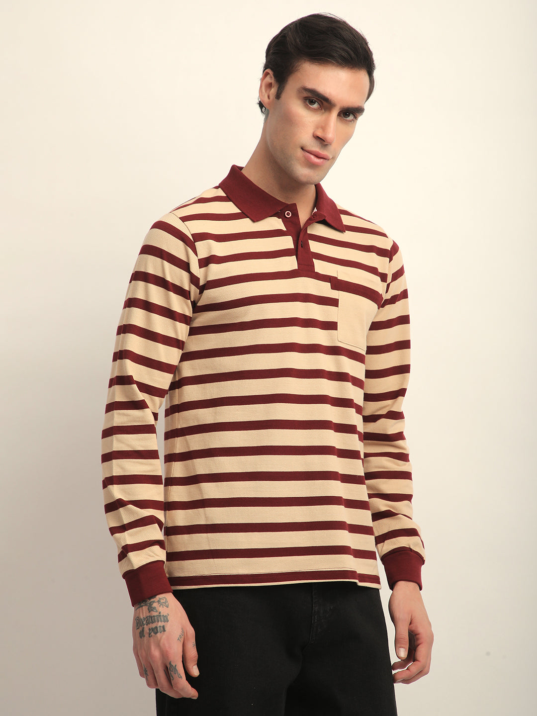 Mens Full Sleeve Polo Neck All-Over Striped Regular Fit Tshirts