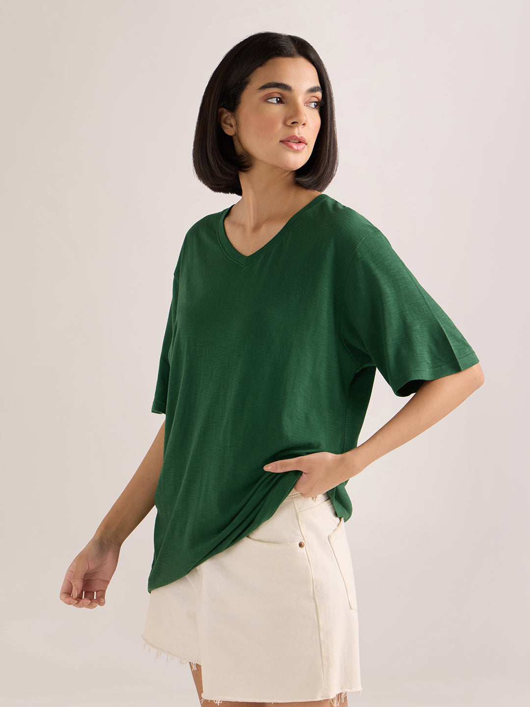 Womens Solid Oversized Cotton Modal V-Neck Tshirt