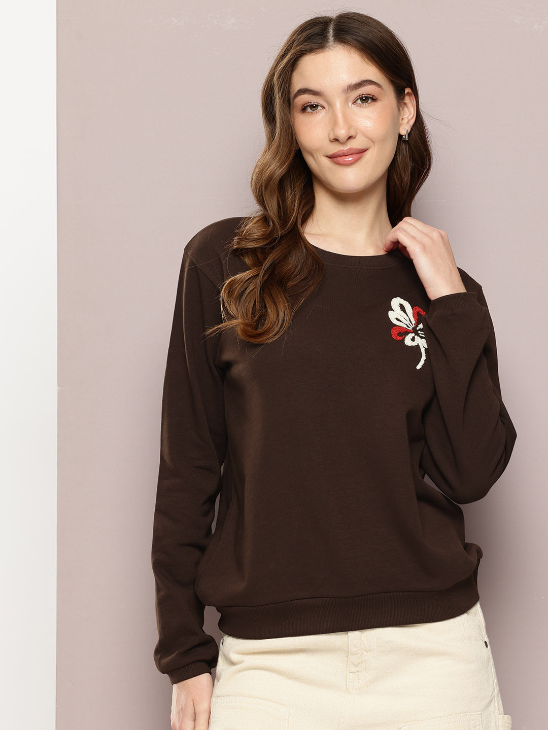 Womens Full Sleeve Round Neck Embroidered Relaxed Fit Tshirts