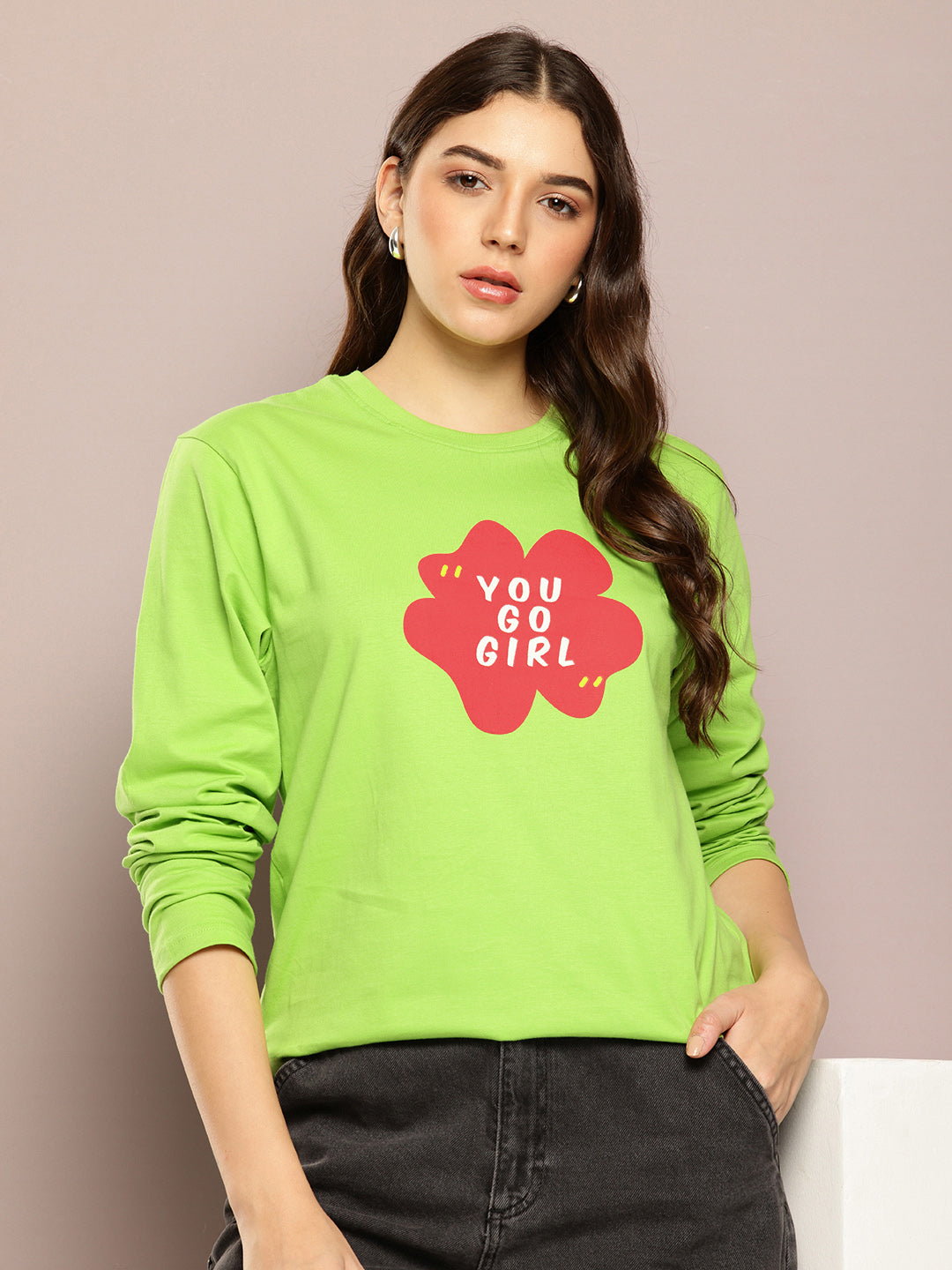 Womens Full Sleeve Round Neck Printed Oversized Fit Tshirts