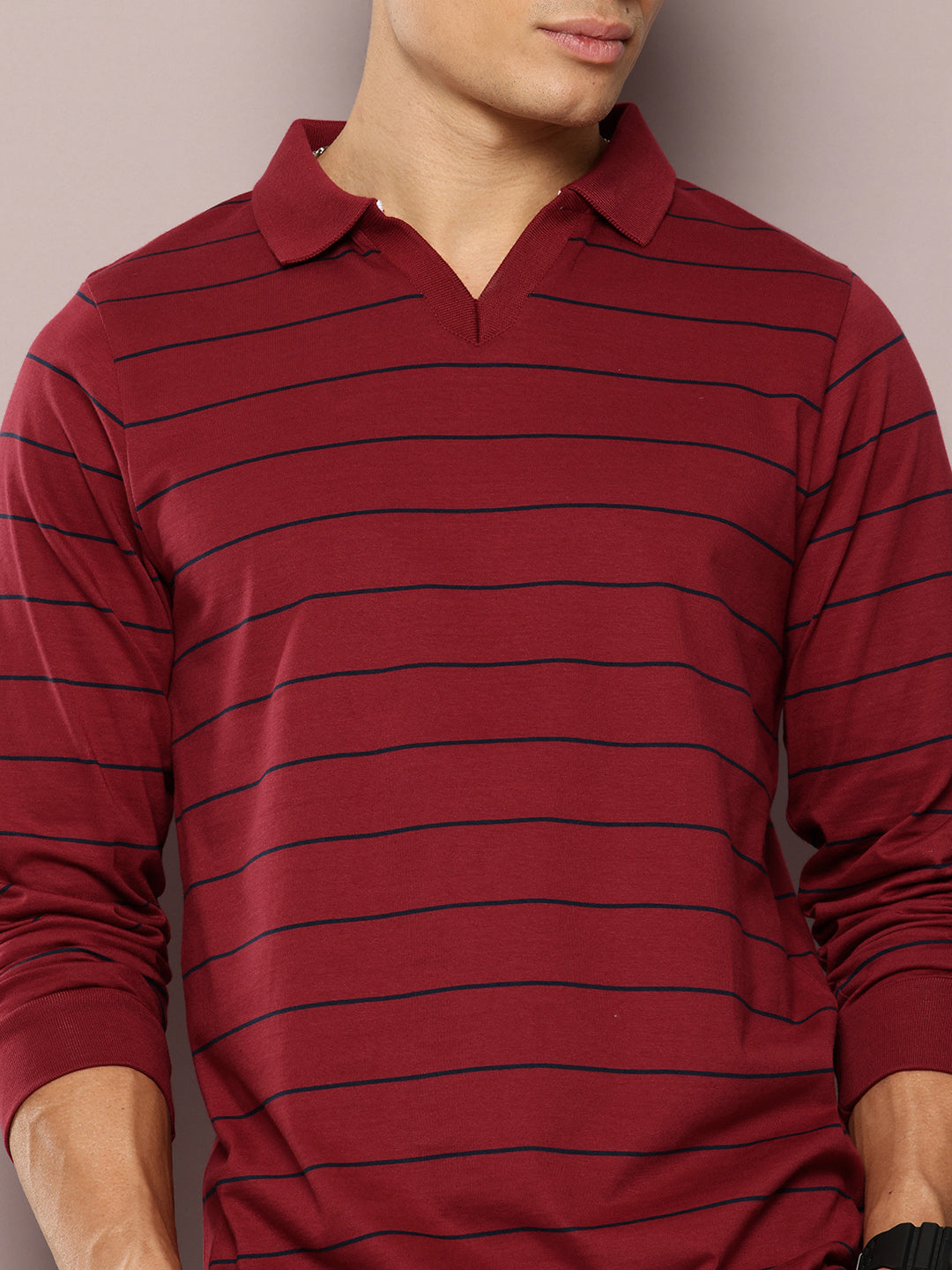 Mens Full Sleeve Polo Neck Striped Regular Fit Tshirts