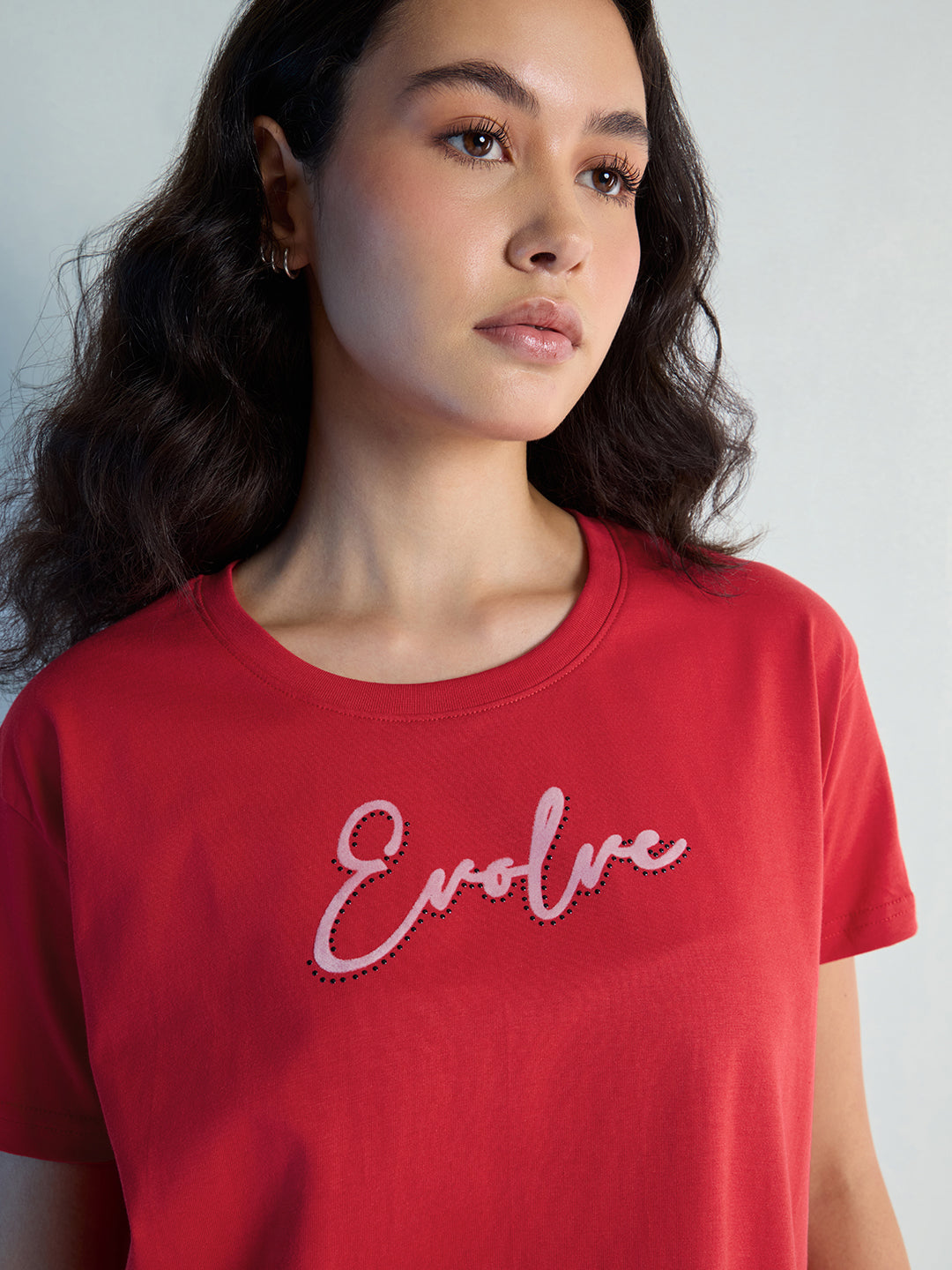 Womens Stud Detailed Boxy Regular Round Neck Tshirt 