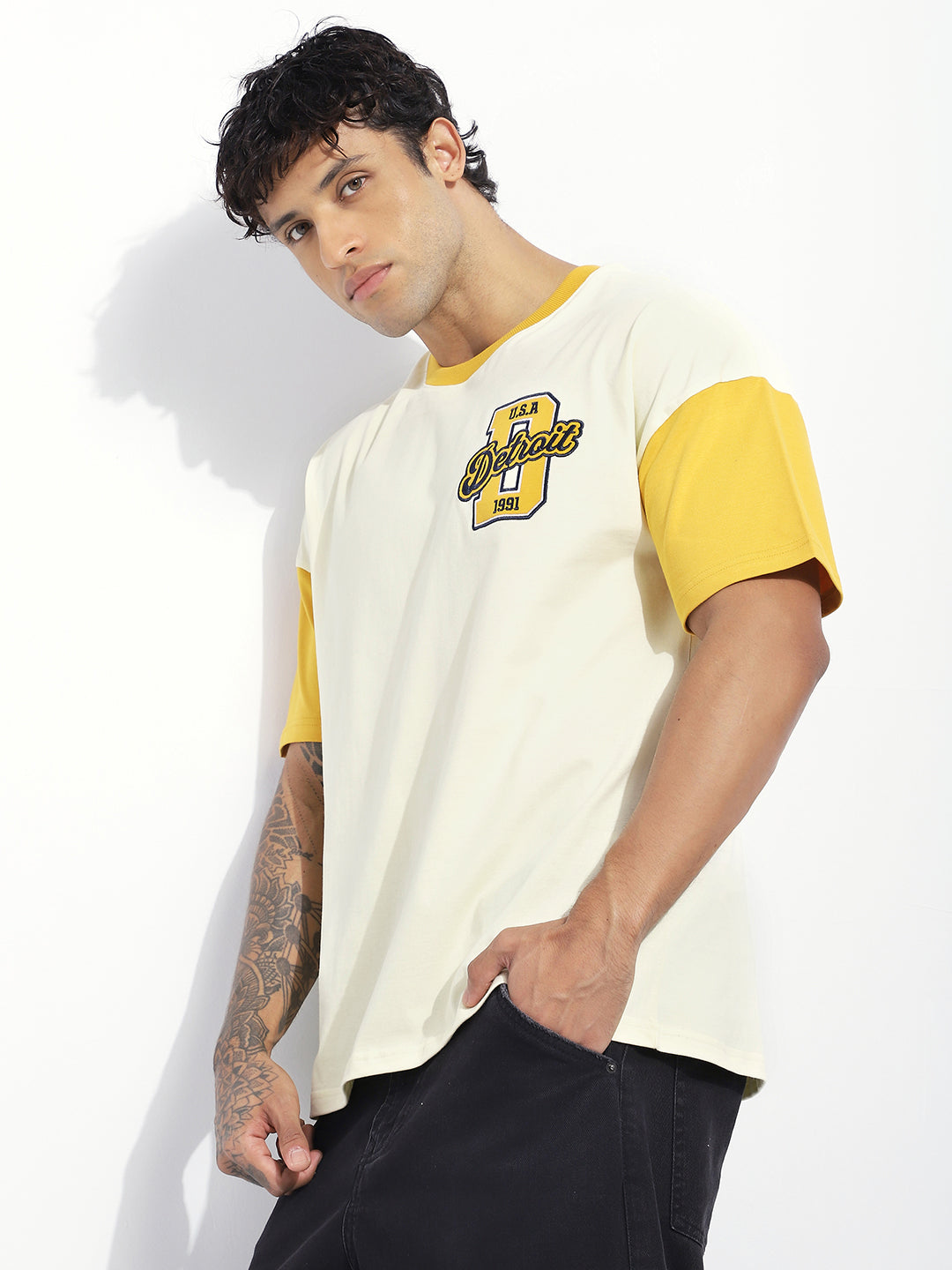 Mens Half Sleeve Drop Shoulder Embroidery Oversized Fit T-Shirts