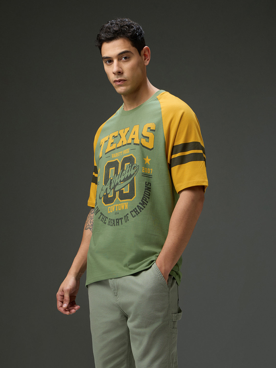 Mens Round Neck Raglan Sleeve Printed Oversized Fit Tshirt
